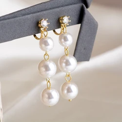 Long Tassel Simulated Pearl Clip on Earrings for Women Gift Bijoux Non Pierced Korean Gold Color Pendientes boucle d'oreille