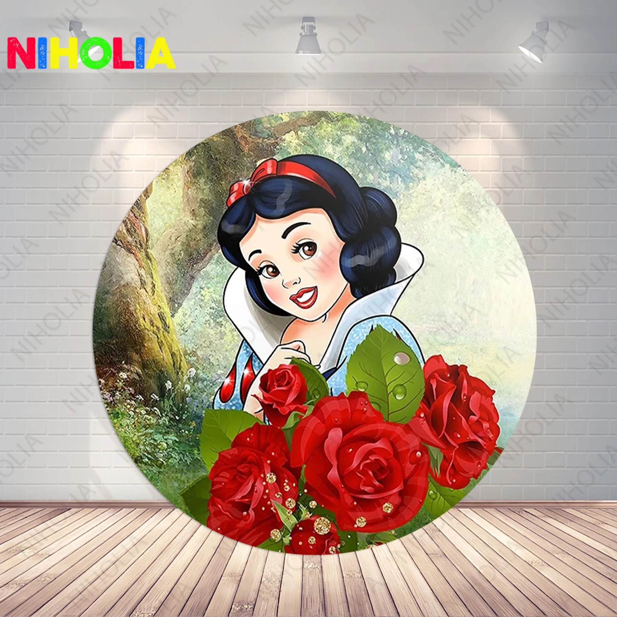 Disney Snow White Circle Backdrop Girls Newborn Birthday Party Wood Photography Background Cake Table Cover Baby Shower