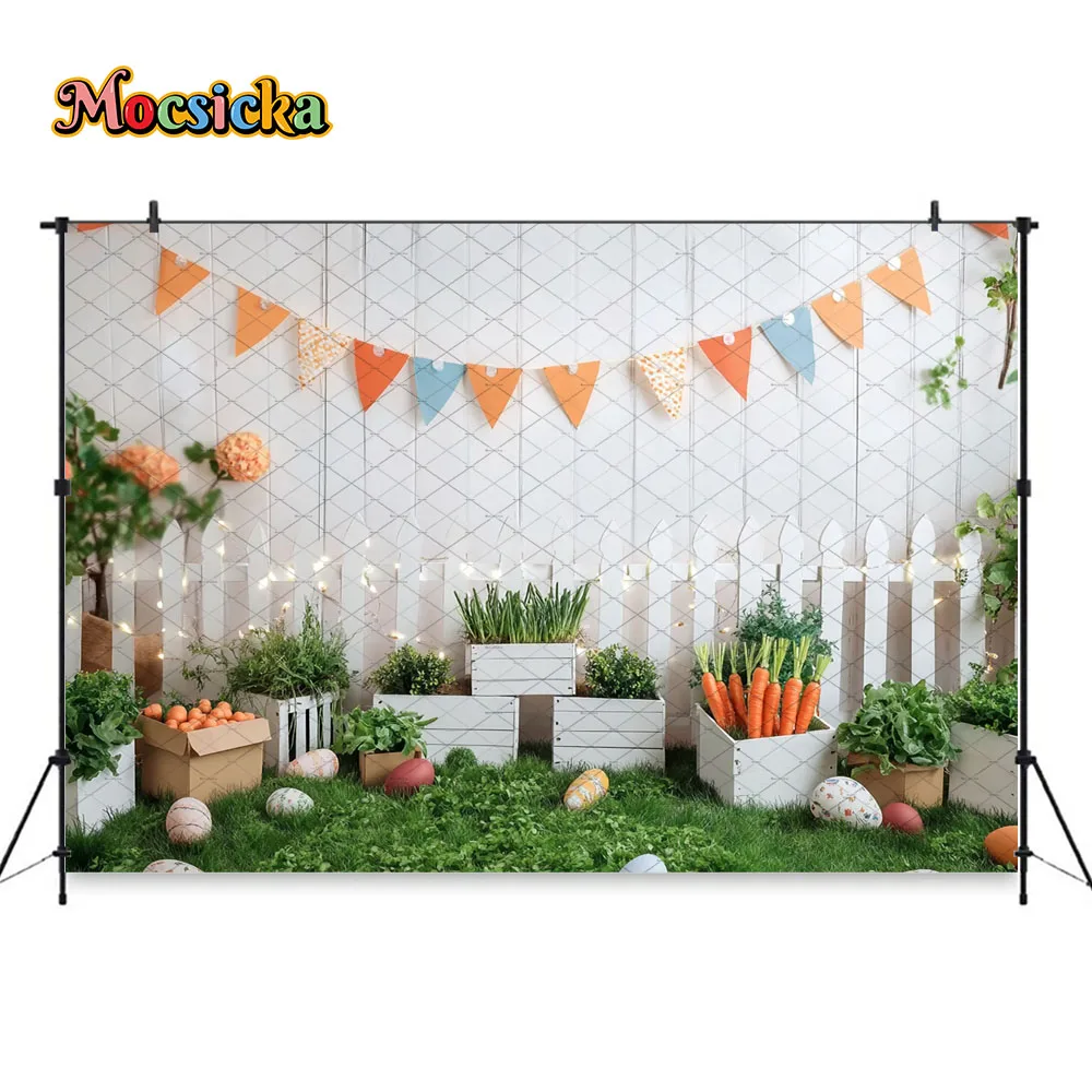 Mocsicka Easter Carrot Garden Photography Backdrop Floral Fence Decor Background Kids Spring Holiday Portrait Shooting Photozone