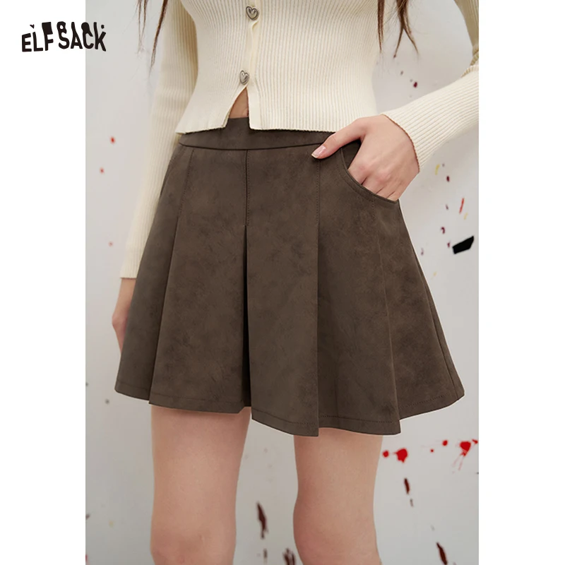 ELFSACK Women's Solid Pleated Mini Skirt with Side Pockets, Casual A-Line Short Skirt for Daily Wear