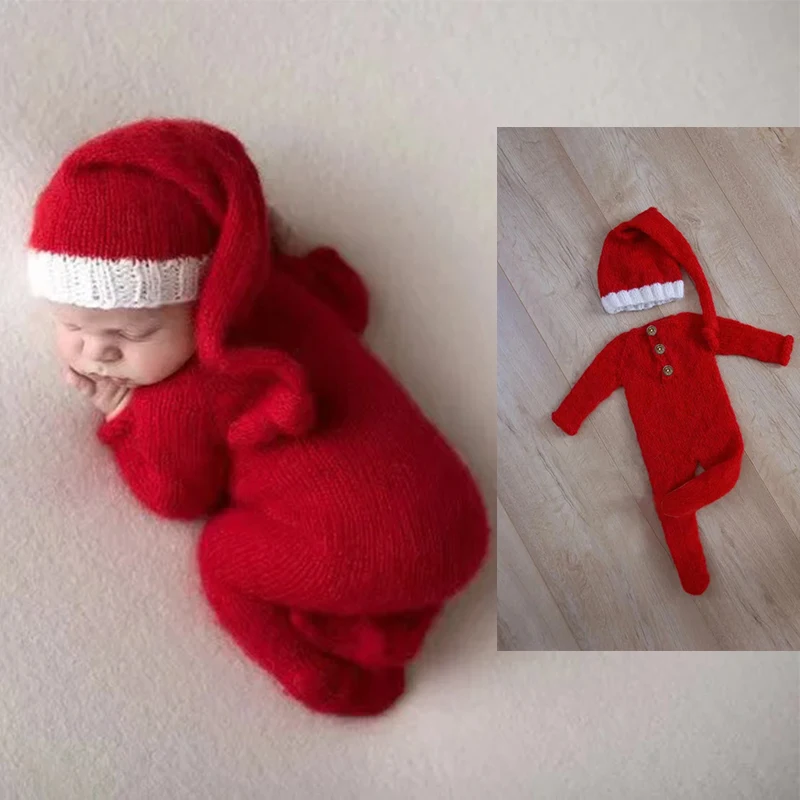 2pcs/sets Christmas Photography Clothing Soft Wool Knitted Red Romper Pants and Single Hat Newborn Photoshoot Outfits Props