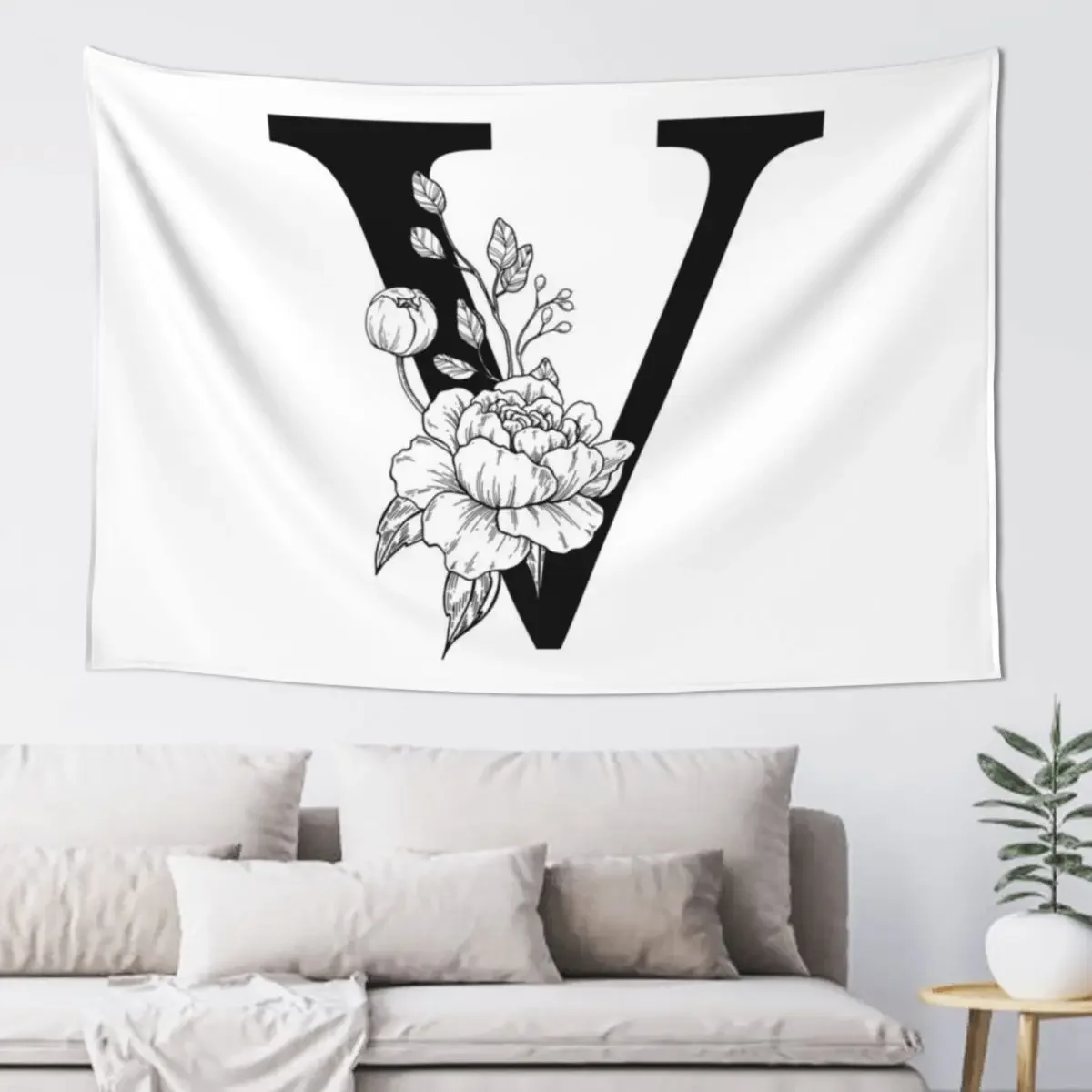 

V Botanical Monogram. Detailed Peony Drawing Tapestry Bedroom Decorations Home Supplies Outdoor Decor Tapestry