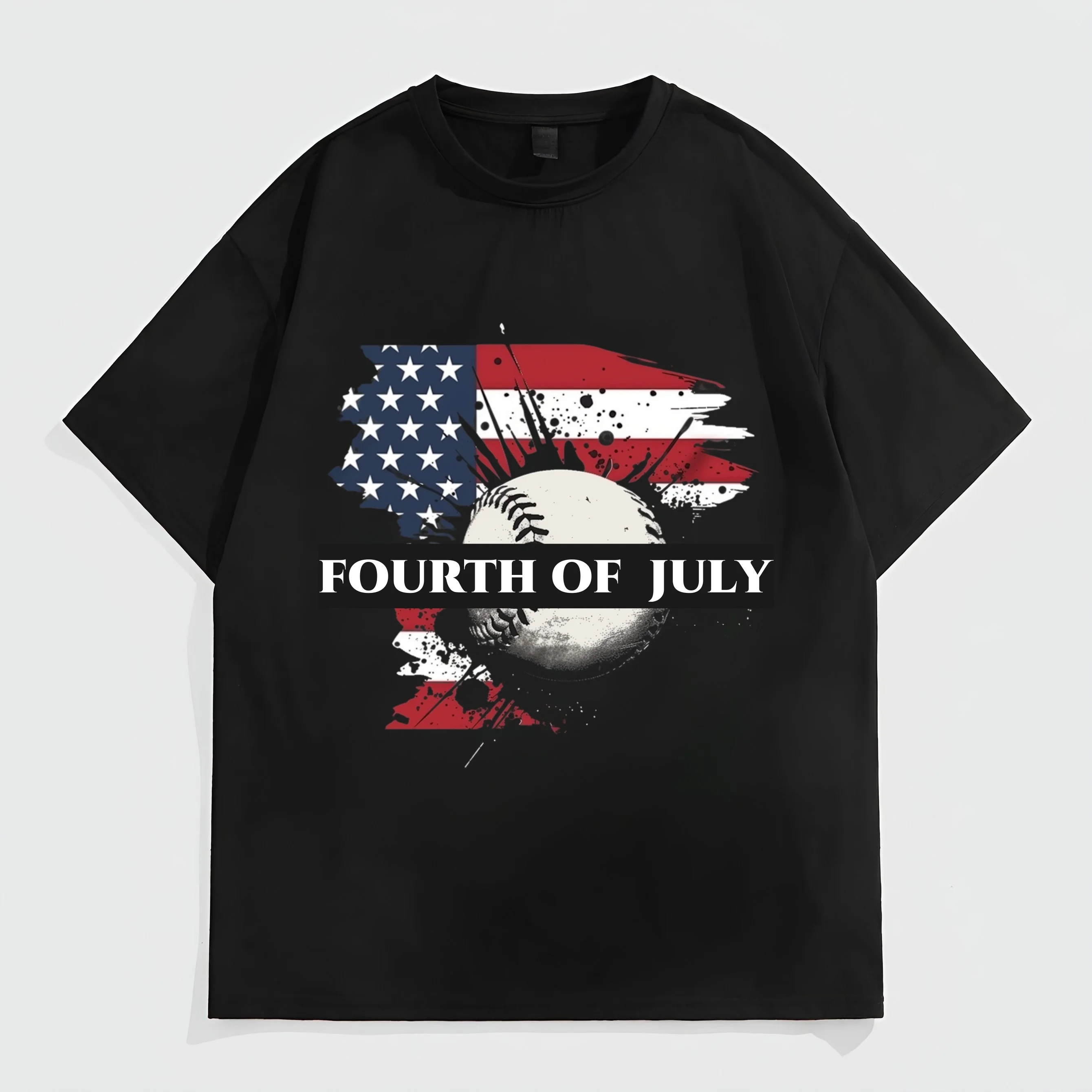 

Teevo Black Short Sleeve T-Shirt with American Flag and Baseball Print for Independence Day Celebrations