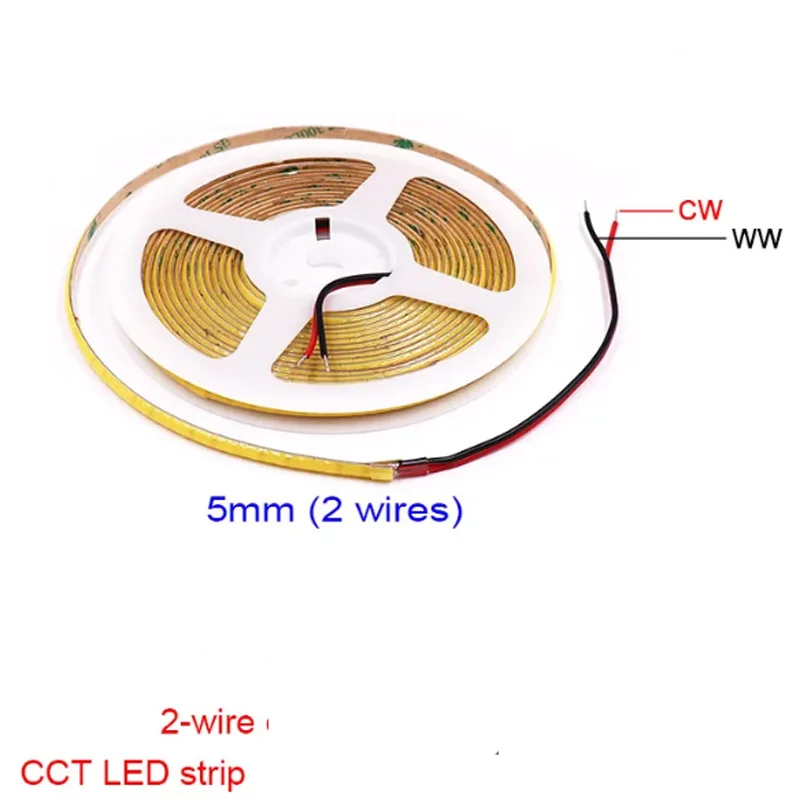 5m 12V 24V Narrow Slim 5mm 8mm LED Cob CCT Strip Warm White +White 2 Wires 3000k 4000k 6000k Double Color Linear Cabinet Light