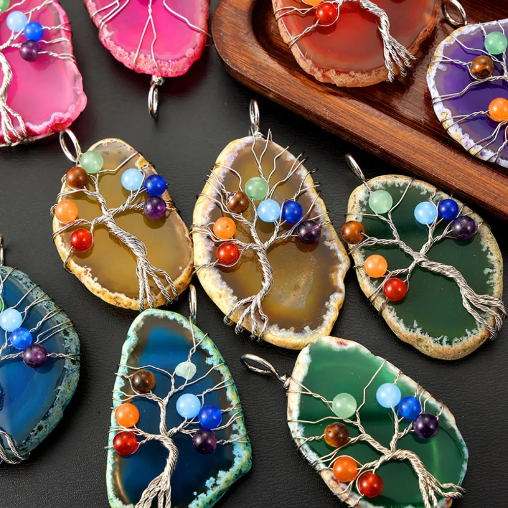 

7 Chakra Agate Geode Slice Wire Wrapped Tree of Life Pendant Reiki Healing Crystals Gemstone Hanging Ornament Home Decoration