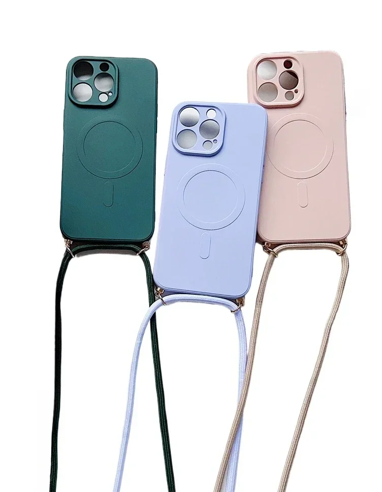 Custodia magnetica in silicone liquido con cordino a tracolla per iPhone16 15 Pro Max 14 13 12 11 Collana per copertura di ricarica wireless Magsafe