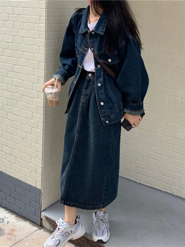 

SML Denim two pcs set Spring Autumn 2023 Vintage Casual Denim Jackets Coats+Long Denim Skirts Women Clothing Sets(En1014