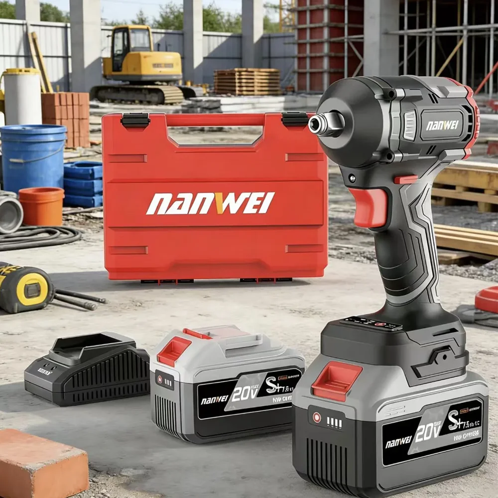 

Аккумуляторный ударный гайковерт Nanwei 20V с литий-ионным аккумулятором, высоким крутящим моментом 350 Н·м, бесщеточный, электрический, комплект для замены шин с двумя батареями.