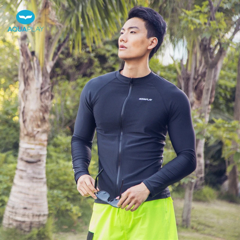 

AquaPlay Black Long Sleeve Zip Top UPF 50+ Men Rash Guard Wetsuit Beach Surfing Swimwear Outdoor Comfort Quick Dry Swimwear