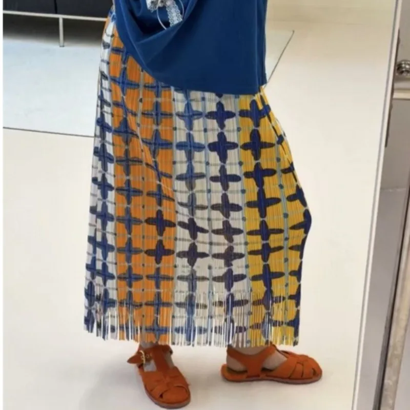 Pleated Printed Skirt 2026 Summer New Colorful Plaid Fringed Skirt Draped Slimming Women's Stretch Mid-Length Skirt