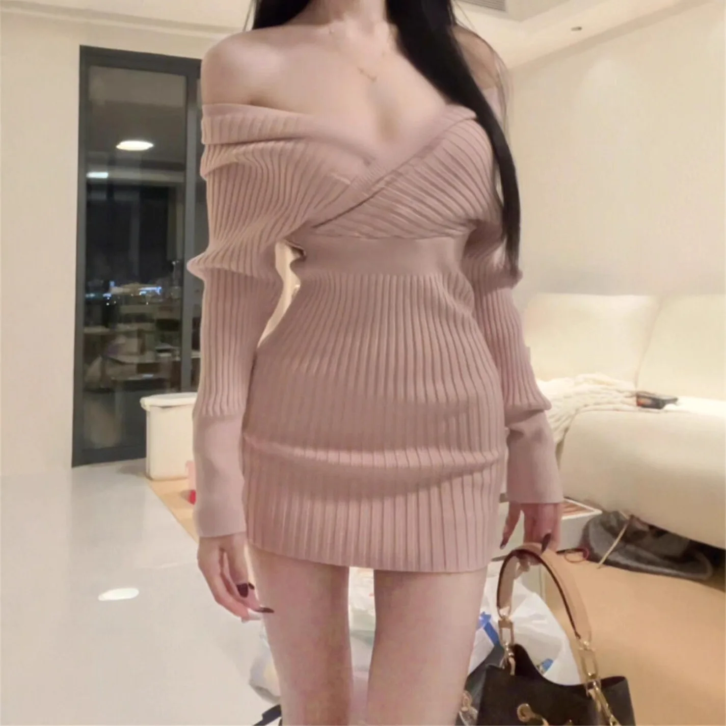 

2026 Spring Autumn New Women V Neck Knit Dress Slim Fitting Pink Bodycon Mini Dress Elegant Sexy Mature Lady Daily Outfit