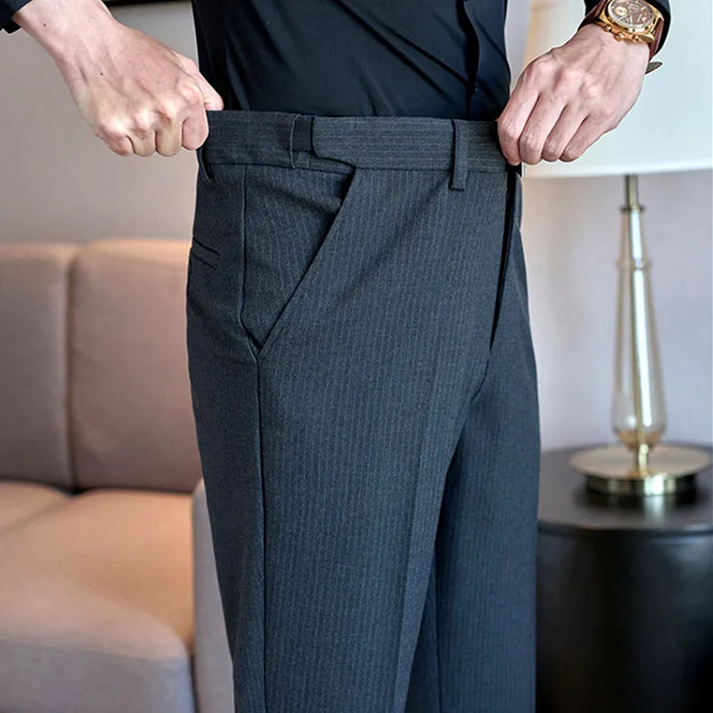 Men's Black Striped Dress Pants, Suitable for Weddings, Parties, Business, and Casual Wear; Gray ,Blue Slim-fit Slacks.