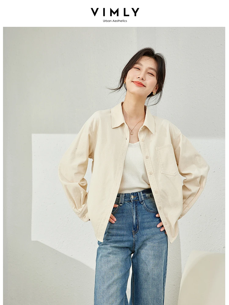 Vimly Cotton 100% Apricot Shirts & Blouses 2024 Spring Long Sleeve Shirt French Style Elegant Womens Top Casual Lapel Coat M5501