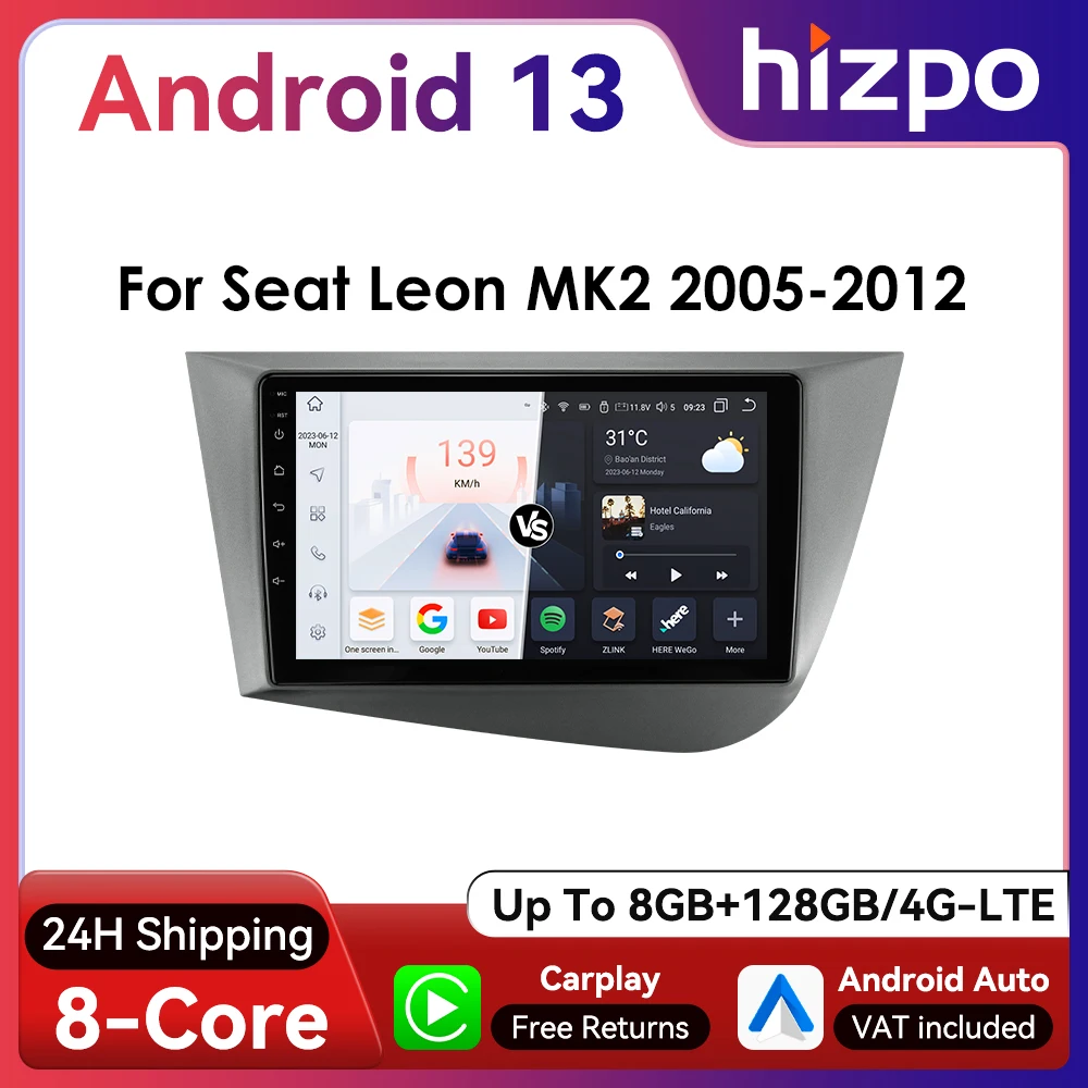 Hizpo 2Din 9-inch Android Auto Car Radio for Seat Leon 2 MK2 2005 - 2012 Multimedia Navigation GPS BT 4G CarPlay RDS DSP SWC