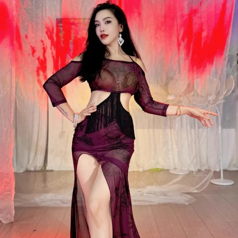 Vestido de práctica de danza del vientre Sexy Swegal personalizado, trajes de danza Oriental, vestido de tirantes de cintura de malla con estampado negro, morado y rojo para mujer