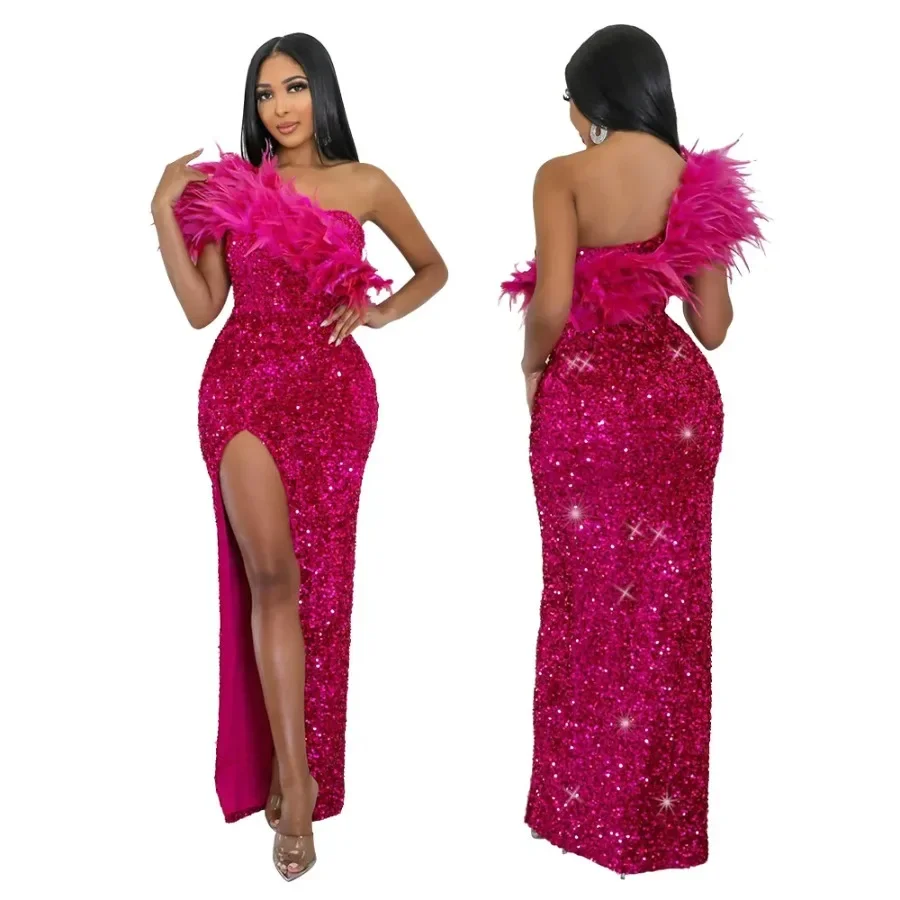 One Shoulder Feather Sequin Prom Long Slit Dress Party Evening Gowns Elegant Luxury Celebrity Night Club Sexy Bodycon Dresses