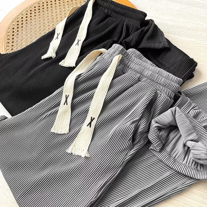 

Ice Silk Stripe Wide Leg Pants Men's Casual Drape Straight Loose plus Size Korean Sle Slimming Trousers Summer Faion
