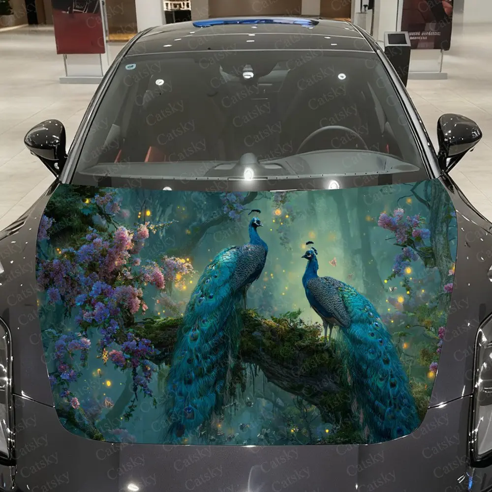

Colorful Flowers & Turquoise Peacocks Car Vinyl Wrap, PVC Waterproof Car Hood Sticker, Self-Adhesive Scratch-Resistant Stickers