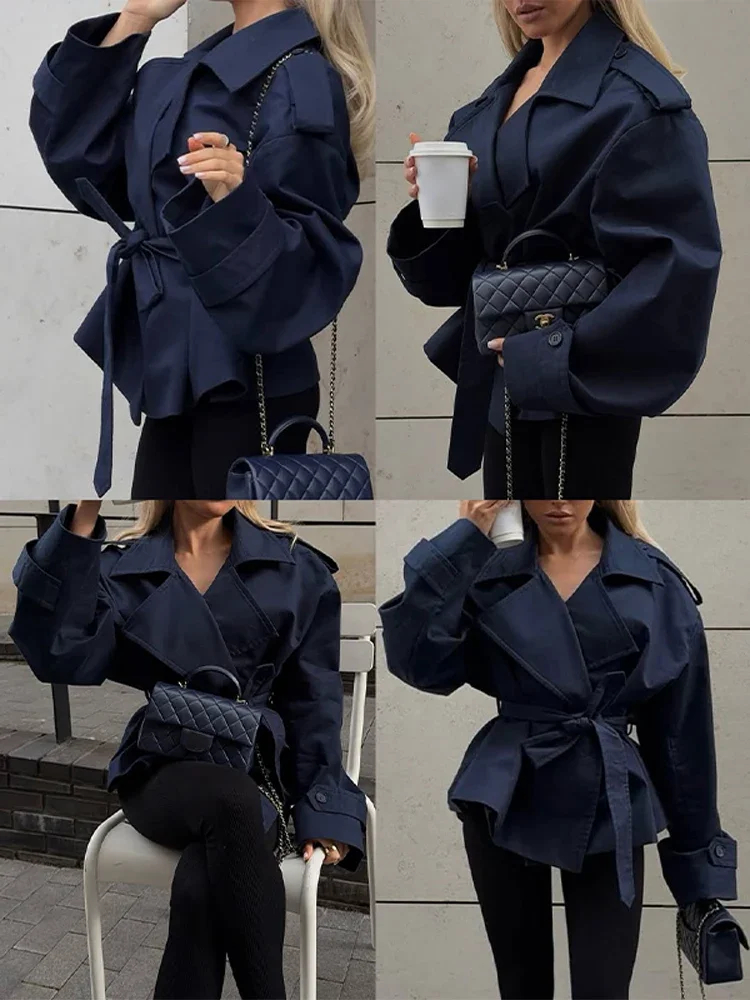 Damenmäntel mit Einfarbigem Revers und Gürtel, Kurze Trenchcoat-Jacke für den Frühling, Weiblicher Epaulet-Mantel mit Langen Ärmeln und Knöpfen, Schlanker Schnitt, Neue Damen-Oberbekleidung – Detail 16