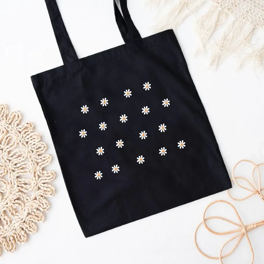 

Women's Large Capacity Tote Bag with Daisy Print - White Black Reusable Shoulder Bag for Shopping, Casual Carryall