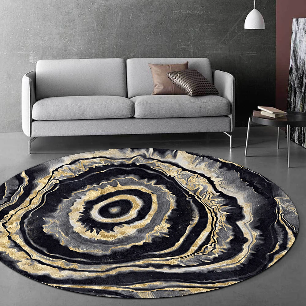 

3D Gold Black Marble Round Living Room Soft Carpet Modern Abstract Area Rug Bathroom Bedroom Bedside Anti Slip Chair Floor Mat