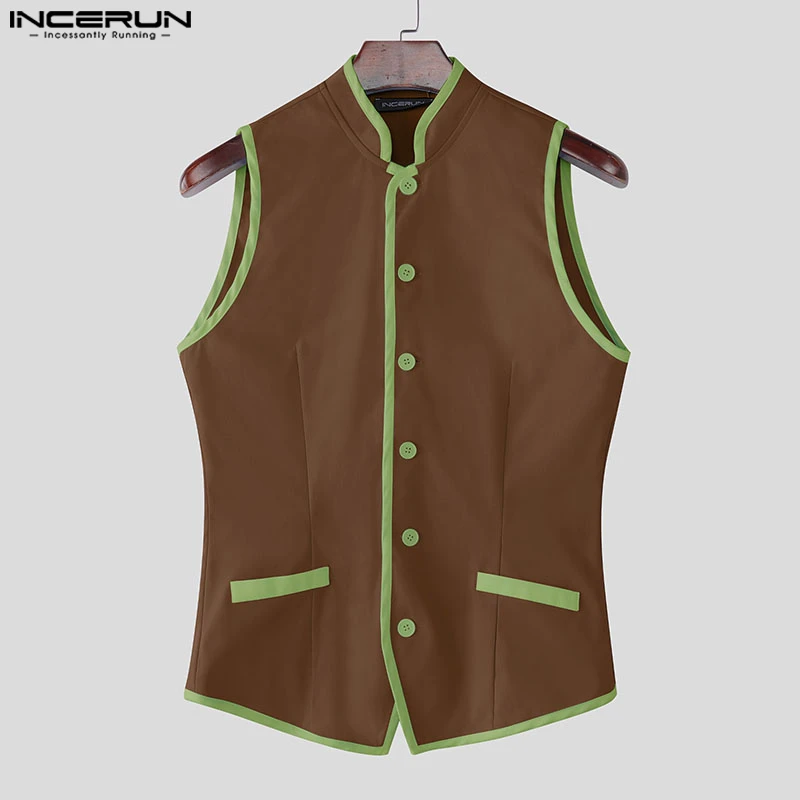 

INCERUN мужские жилеты в стиле пэчворк с воротником-стойкой без рукавов на пуговицах мужские жилеты 2025 уличная одежда элегантные модные повседневные жилеты S-3XL