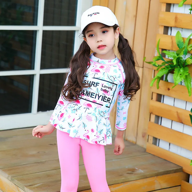 Meiyier Cute Floral Printed Swimwear Kids Girl Two Pieces Long Sleeve Surfing Swimsuit Anti-UV Bathing Suit Child M-4XL