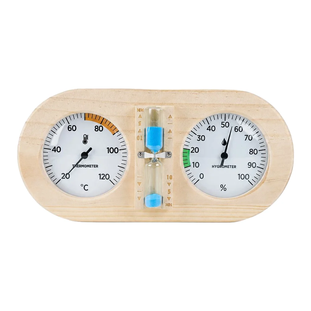 Wall Mount Wooden Sauna Thermometer and Hygrometer with 10 Minute Sand Timer for Consistent Heat and Humidity Tracking