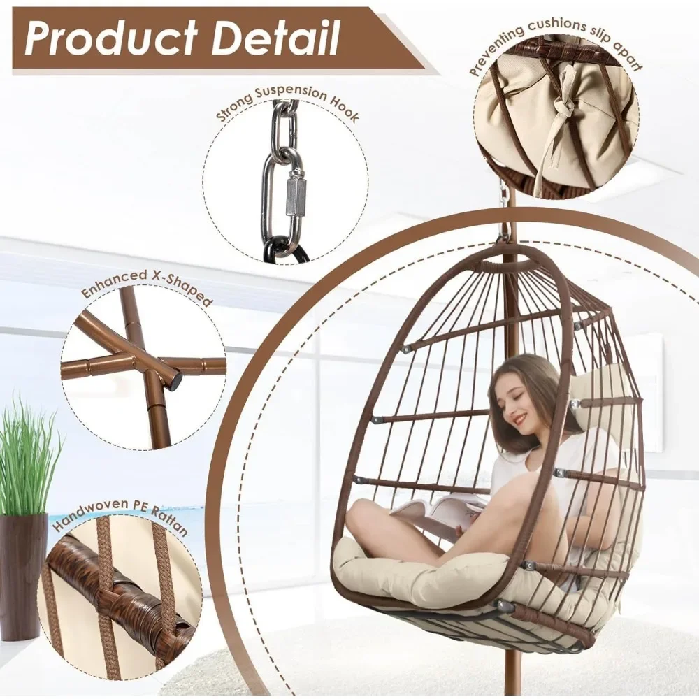 Swing Egg Chair Indoor Outdoor Patio Wicker Hanging Chair with Stand All Weather Egg Hammock Chairs with Cushions Swinging Chair image 5