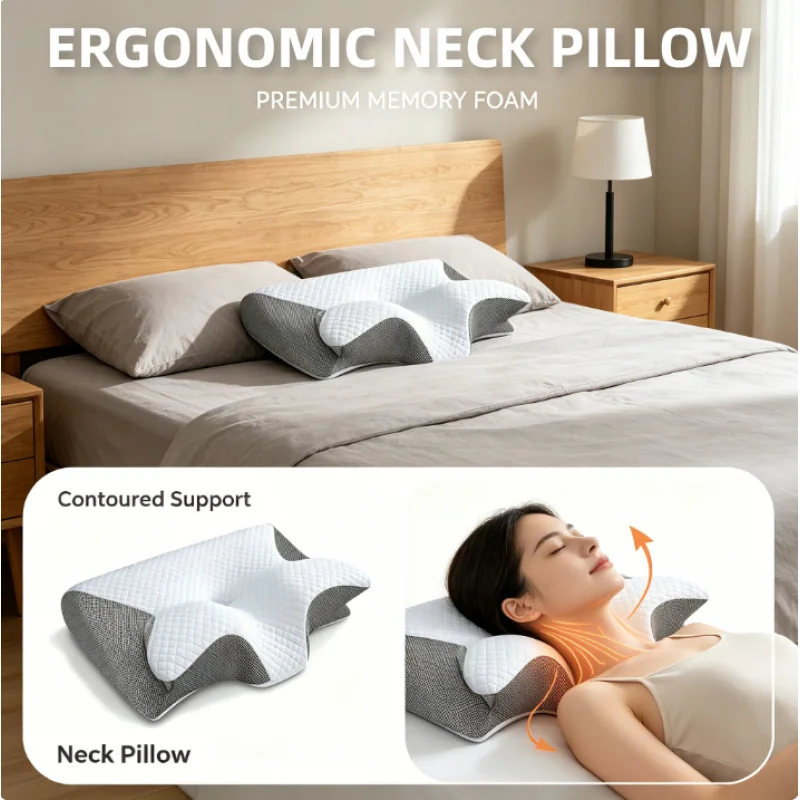 Almohada Ortopédica Cervical para Alivio del Dolor de Cuello, Almohada de Espuma Viscoelástica con Forma de Mariposa, Soporte Cervical para Dormir
