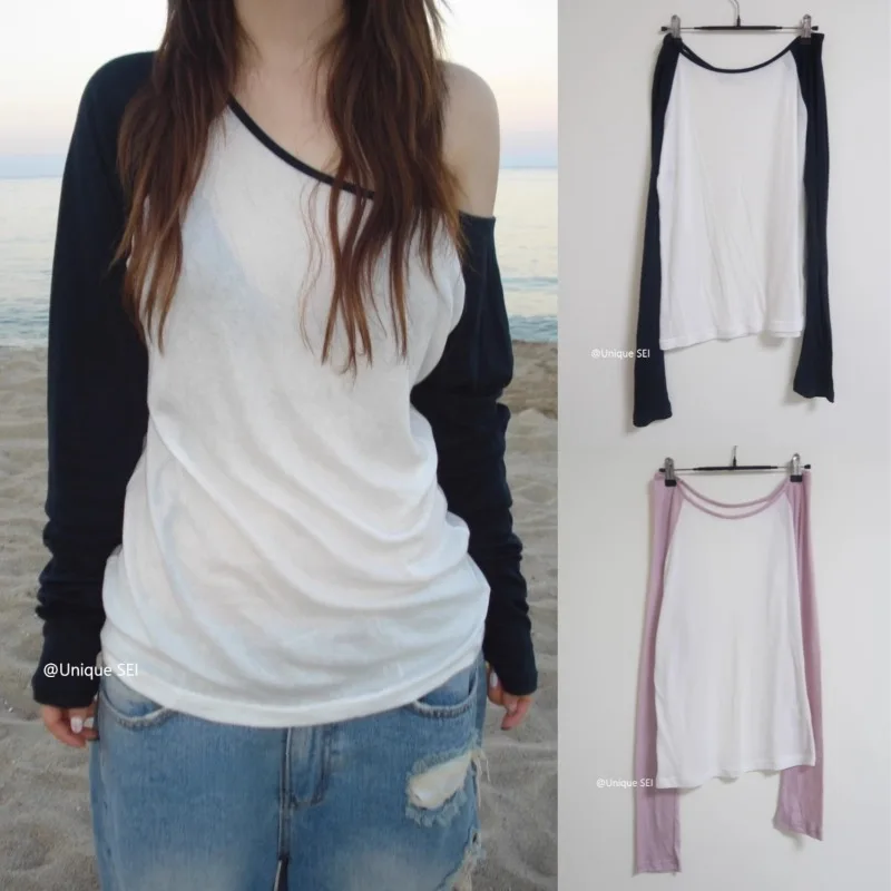 

Vintage Contrast Color Patchwork Loose Long-sleeved T-shirt Women 2025 Autumn New Korean Slant Collar Strapless Casual Tops