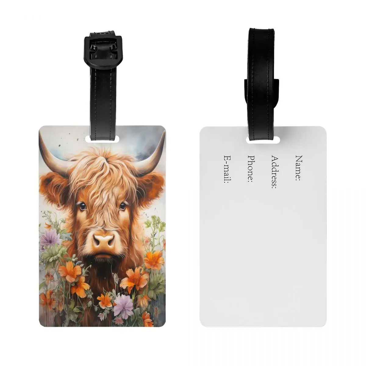 Custom Highland Cow And Flower Luggage Tag Privacy Protection Baggage Tags Travel Bag Labels Suitcase