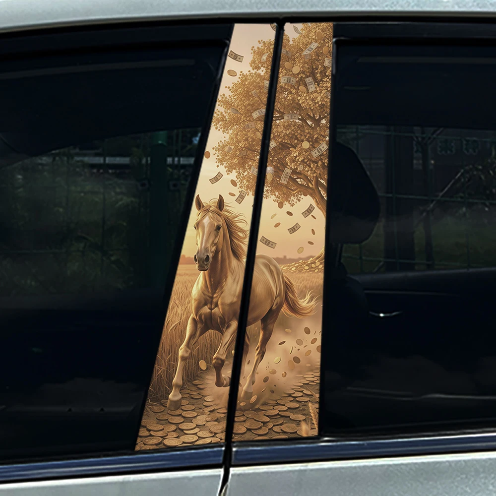 2PCS Lucky Wealth Horse with Coins Car B Pillar Sticker Waterproof Vinyl Decal Auto Middle Column Scratch Cover