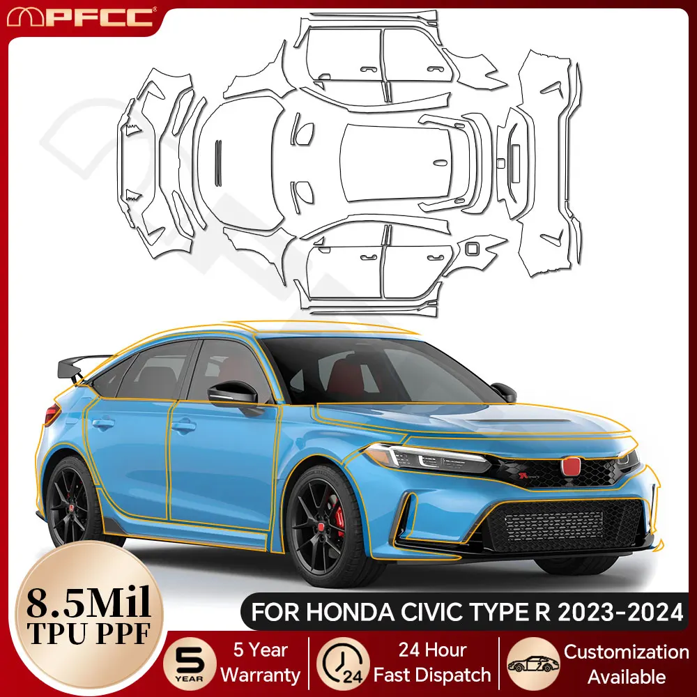 

Для Honda Civic Type R 2023 2024, защитная пленка из ТПУ для краски, прозрачный бюстгальтер для кузова автомобиля, предварительно вырезанный PPF, устойчивый к царапинам, невидимый чехол