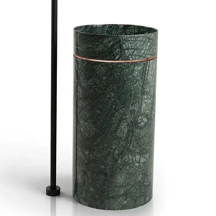 S*& Luxury Modern Green Stone Pedestal Sink with Golden Stainless Steel Ring Polished Finish Hotel Use Drainer