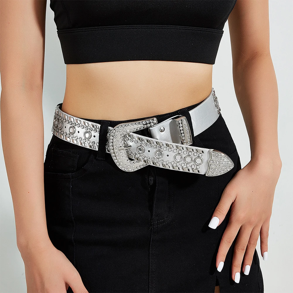 Women Rhinestone Waist Belt Gothic Leather Western Cowboy Fashion Waistband Y2k Adjustable Ladies Jeans Belts Accessories