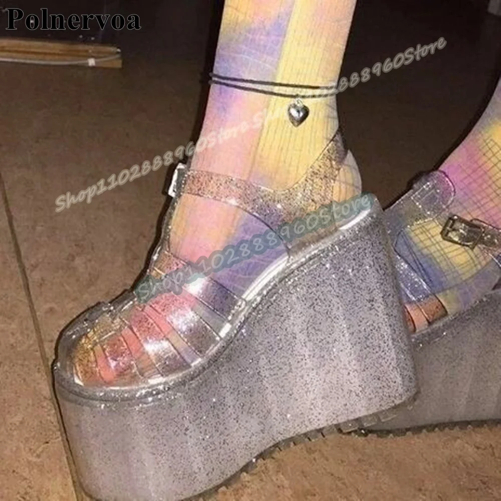 

Clear PVC Sparkling Strap Platform Sandals Wedges High Heel Women Shoes Ankle Buckle Strap Round Toe Banquet Stylish Sandals