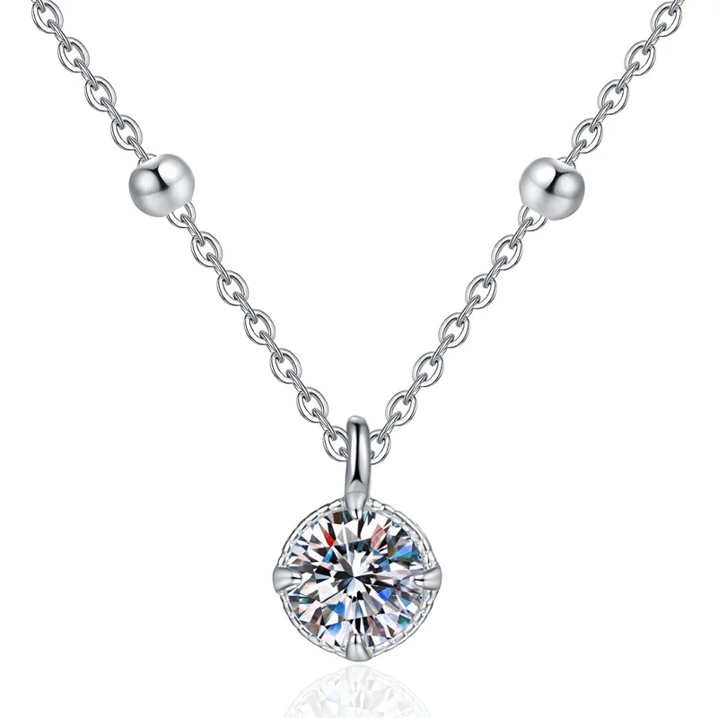 

Certified D-Color Moissanite Necklace for Women – S925 Sterling Silver Collarbone Chain, Pearl Chain with Four-Claw Setting, Lux