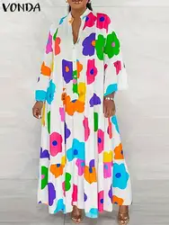 Plus Size 5XL Autumn Long Maxi Dress 2024 Elegant Ruffle Dress VONDA Round Neck Printed Flare Sleeve Vestidos Loose Robe