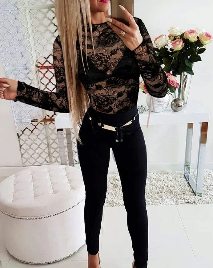 

Floral Print Contrast Lace Tshirts Top Women Spring Sexy Perspective Mock Neck T-Shirt Casual Sheer Mesh Slim Fit Blouse Top