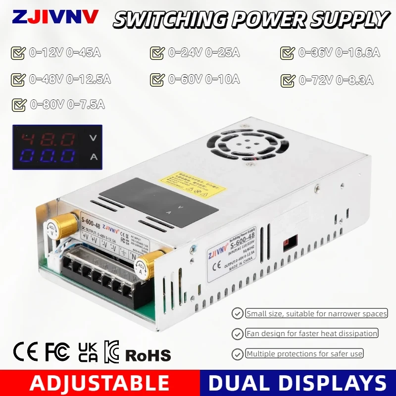 

600W Dual Display Switching Power Supply 0-12V 24V 36V 48V 60V 72V 80V 90V Adjustable CCCV S-600-12 S-600-24 S-600-36 S-600-48