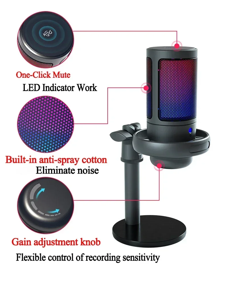 USB Microphone for Recording and Streaming on PC and Mac,Headphone Output and Touch-Mute Button RGB Hypercardioid Microphone