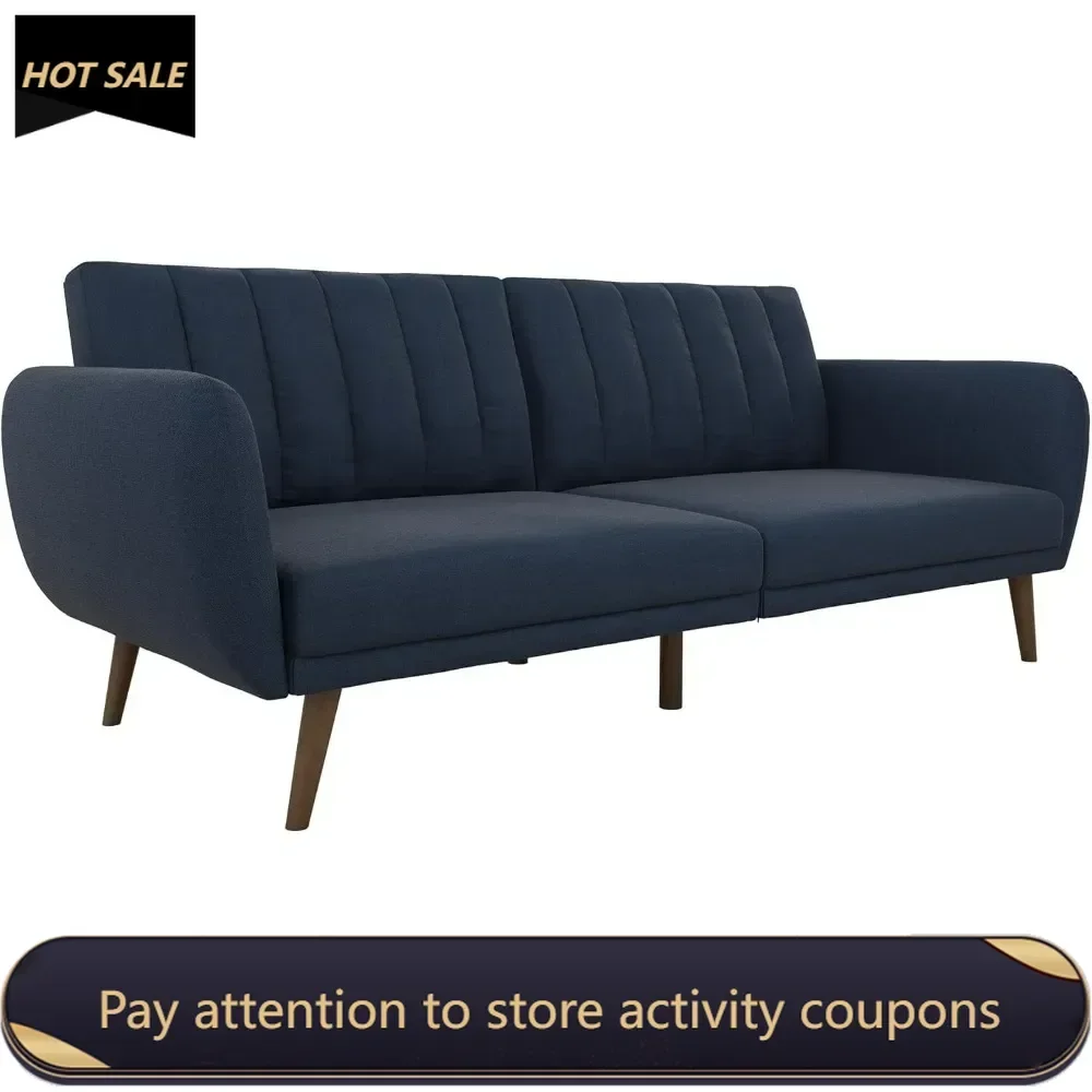 Brittany Sofa Futon, Premium Linen Upholstery and Wooden Legs, Blue Linen