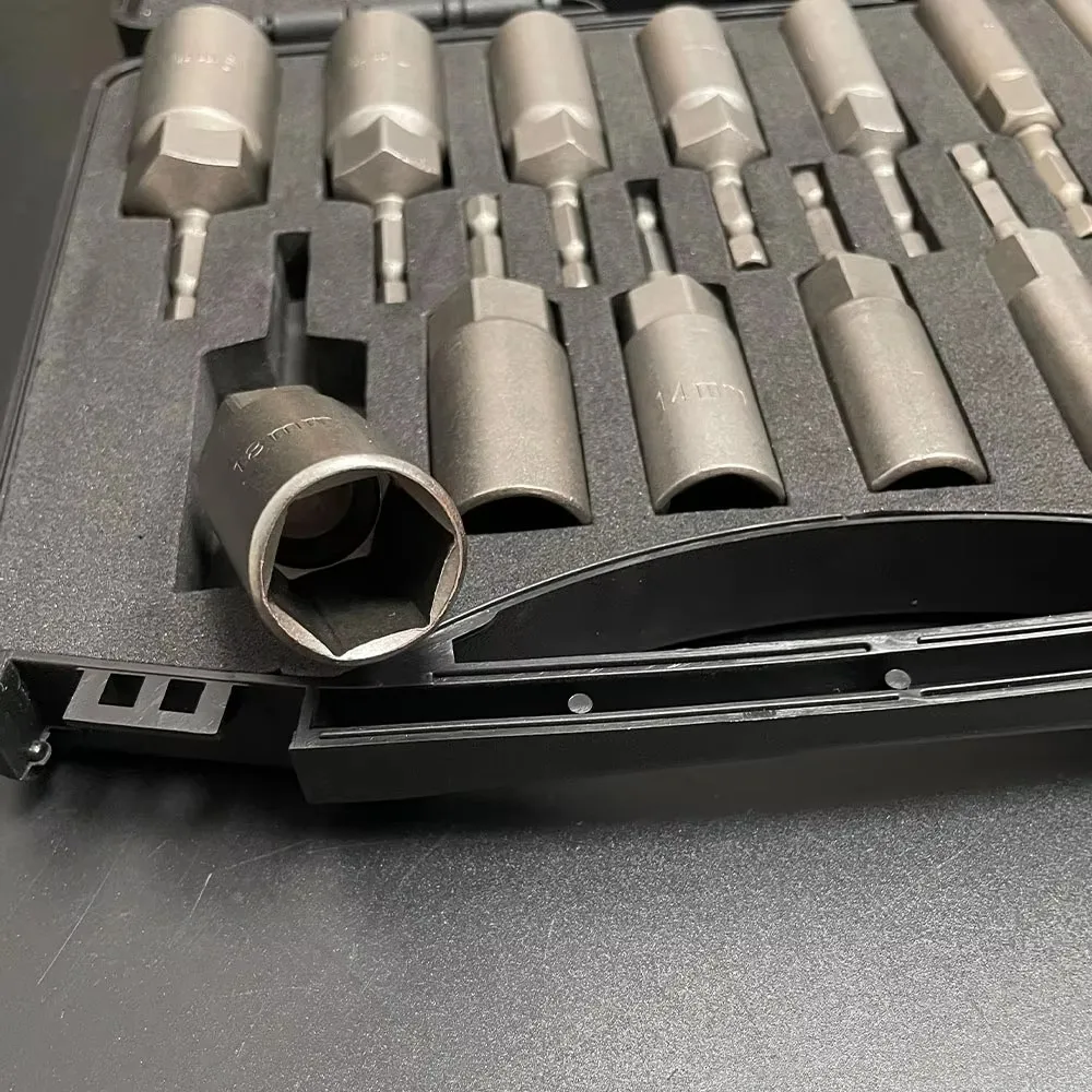 15-teiliges Set mit Schraubenschlüsseln für Bohrmaschinen, 5,5–19 mm tiefe Schlagschraubstößel mit 6,35-mm-Sechskant-Schnellwechseladapter, 80 mm Länge. – Detail 3