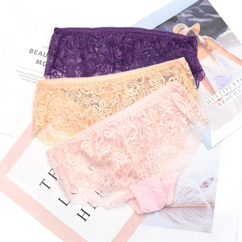 3PCS/Set Ultra Thin Panties for Women Sexy Lingerie Lace Underwear Mesh Plus Size Briefs Transparent Pants Low-Rise Panties L XL