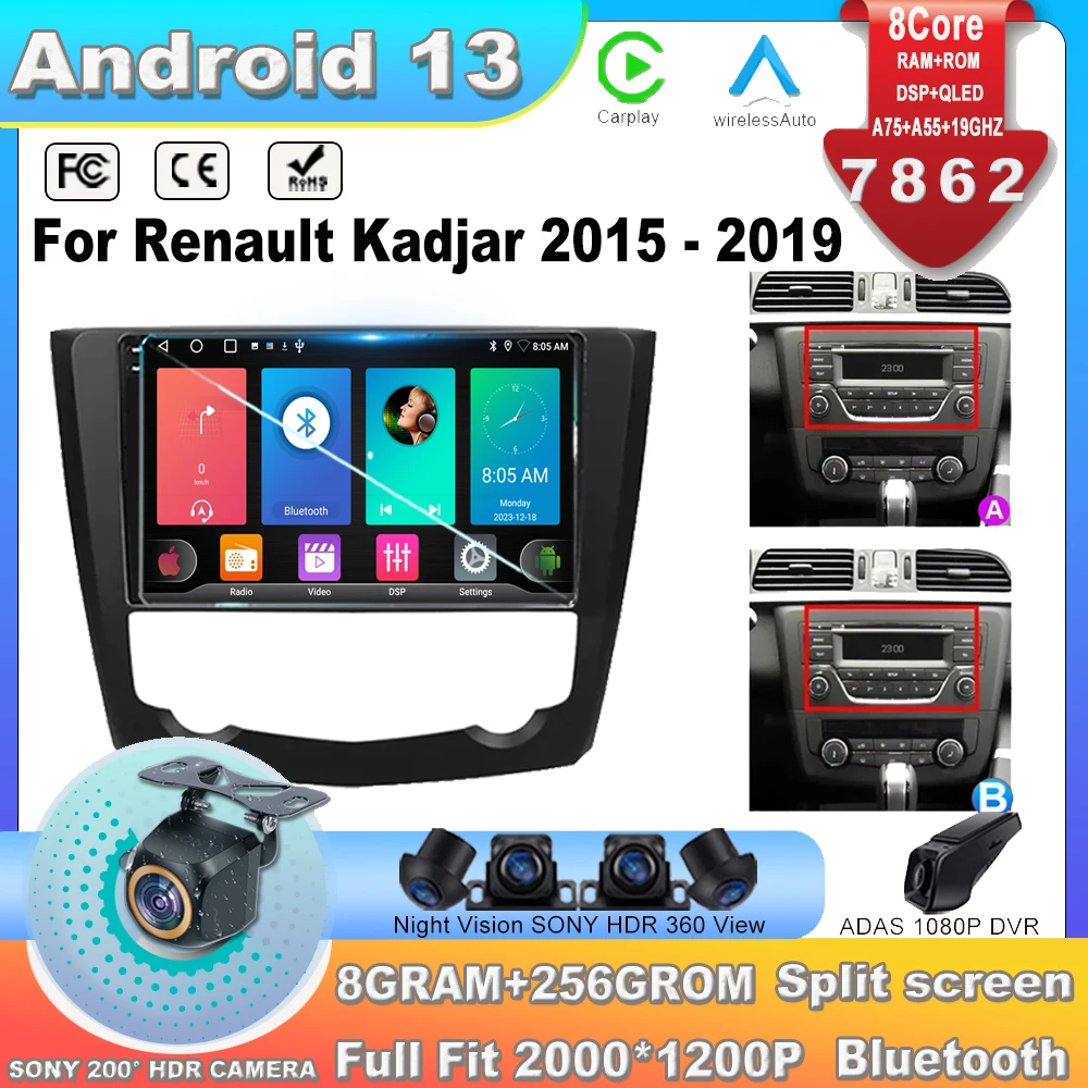 Autoradio Per Renault Kadjar 2015 - 2019 Android 13 Autoradio stereo lettore multimediale GPS IPS Audio Lettore multimediale 7862CPU