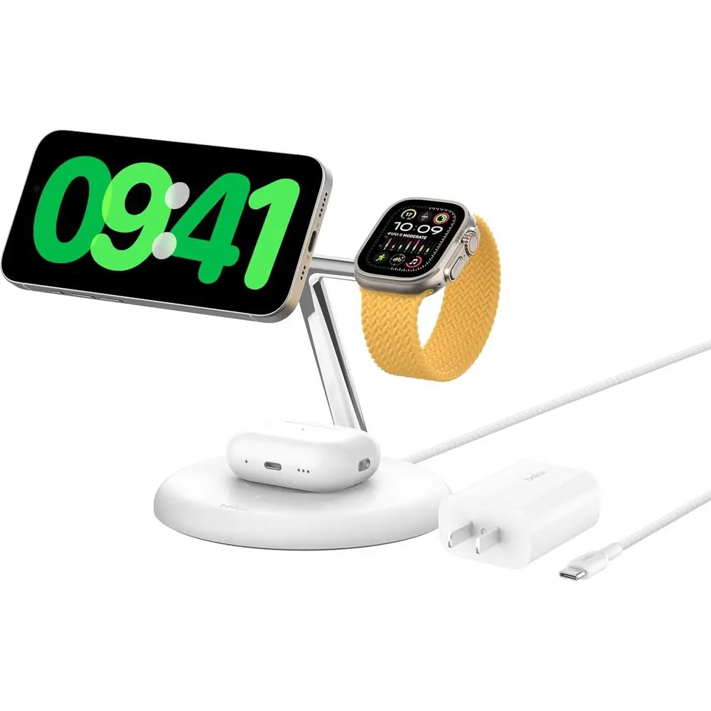 

Беспроводная зарядная станция 3-в-1 - 15W, сертифицированная Qi2, для iPhone 16, AirPods и Watch - в комплекте адаптер 36W - белая