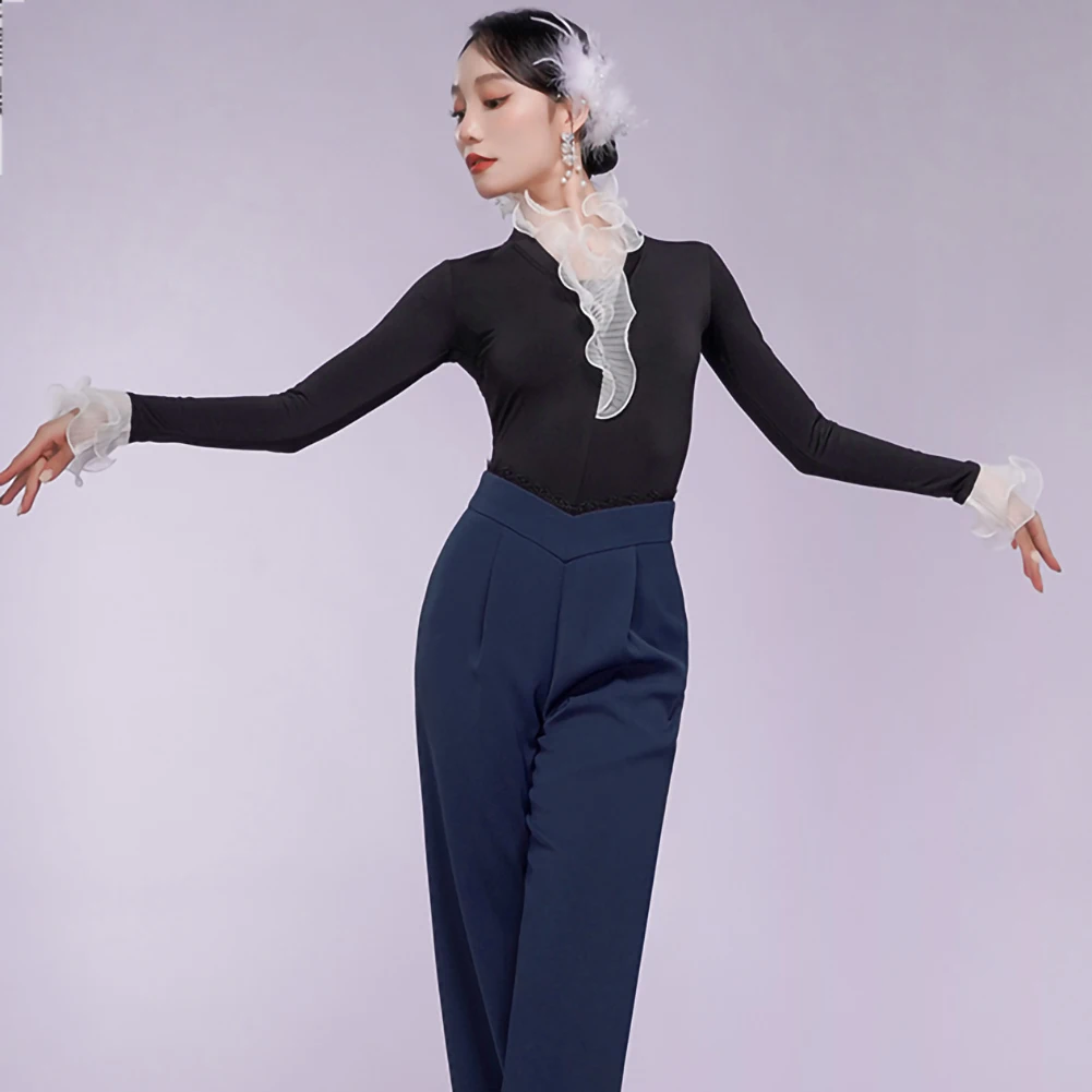 

Cinnabar Color Elegant Dance Suit Women's New Dance Practice Top V-neck Black Horn Sleeve New Latin Dance Lace Slim-fit Jumpsuit