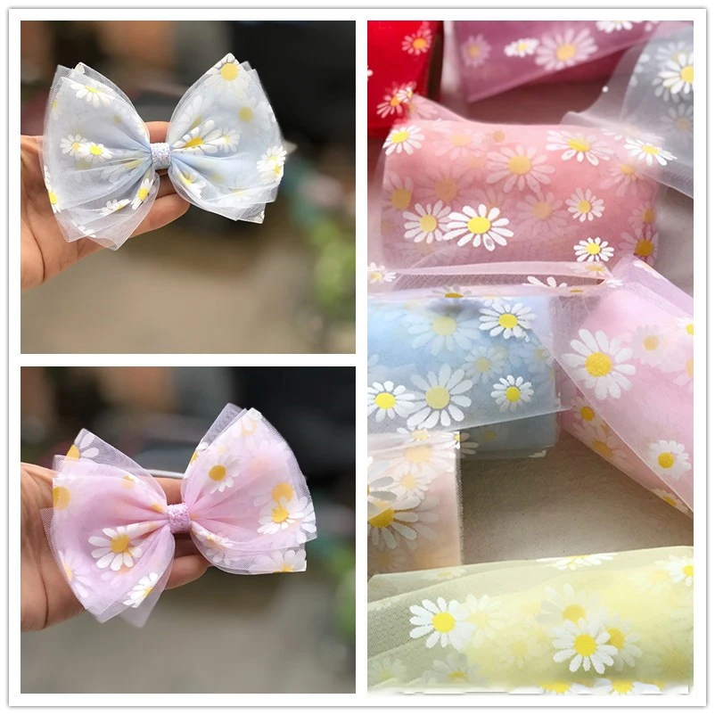 5yards 60mm Small Daisies Print Organza Ribbon Gift Wrapping Hairbow DIY Decoration Christmas Silk Ribbons Lace Fabric