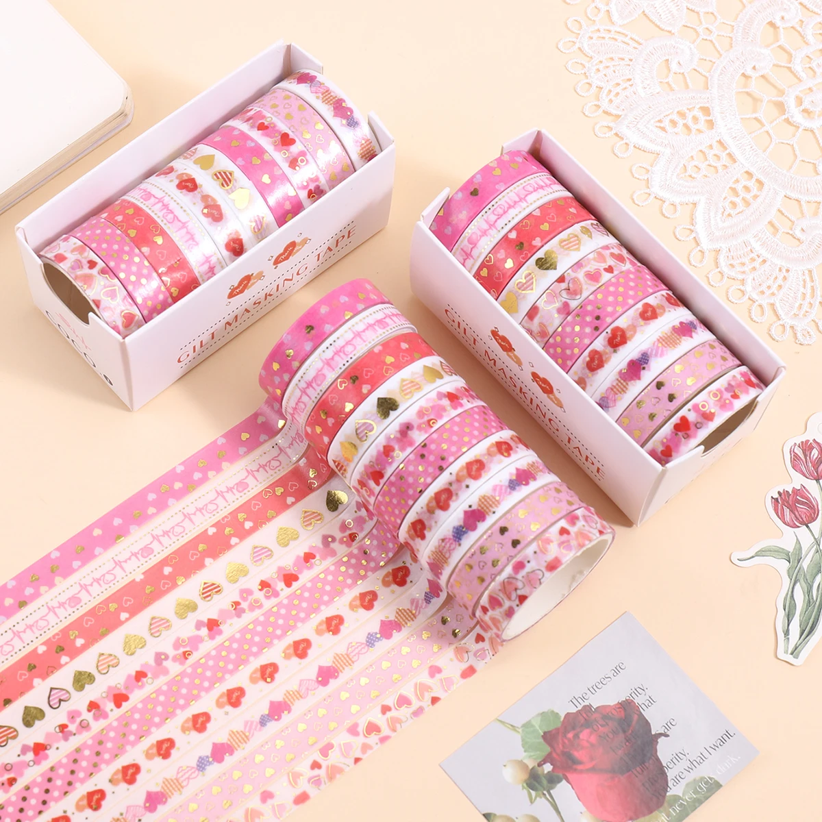 10ロールの金箔ハート柄和紙テープ、DIYノート、パンフレット、ギフトボックスの装飾に適しており、ファッショナブルで美しいです。